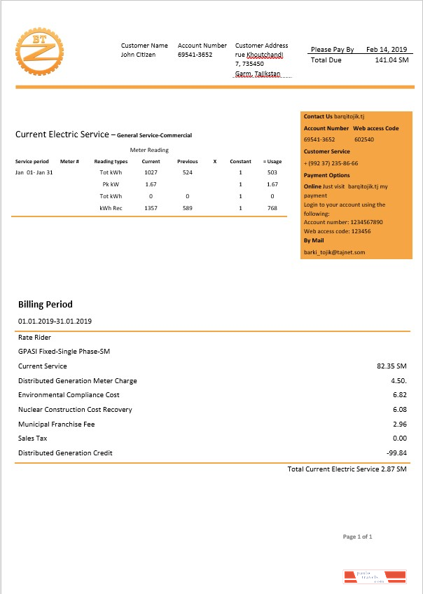 Tajikstan Barqi Tojik electricity bill in Word format